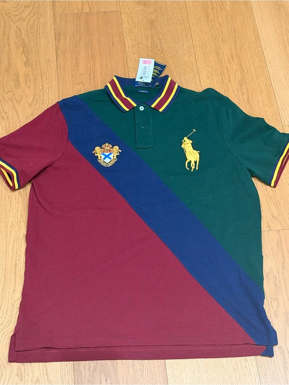 Ralph Lauren Green Polo with Navy, Burgundy & Yellow Trim